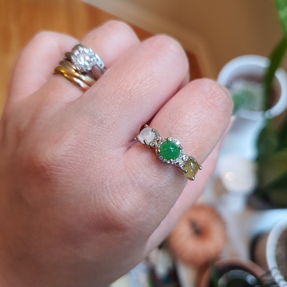 Burmese Jadeite Jade Three Stones Silver Ring